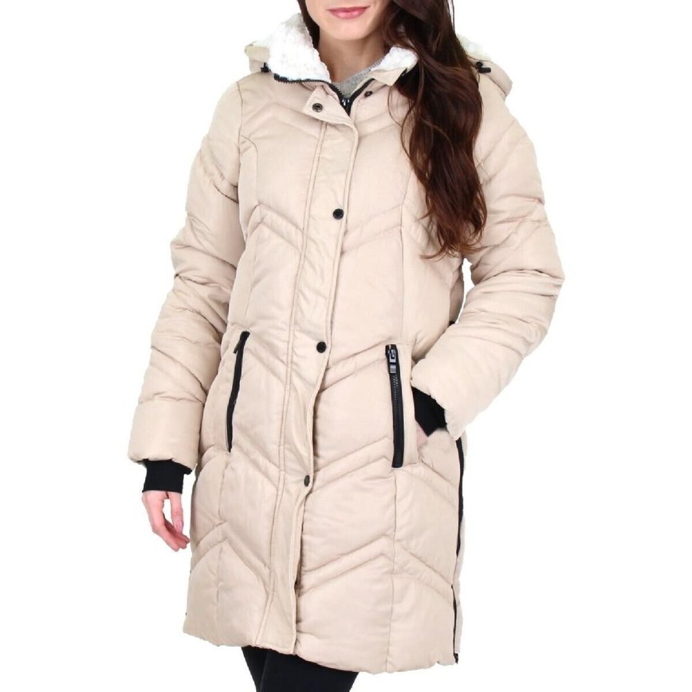 STEVE MADDEN Champagne Bubble Sherpa-Lined Mid-Length Puffer Coat In Size:  XL